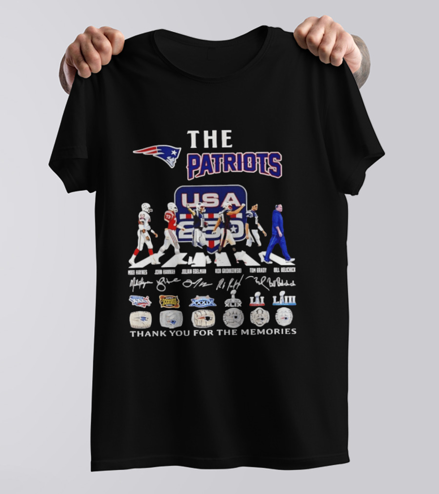 The Patriots USA 250 Thank You For The Memories With Player Signatures And Super Bowl Logos T-Shirt