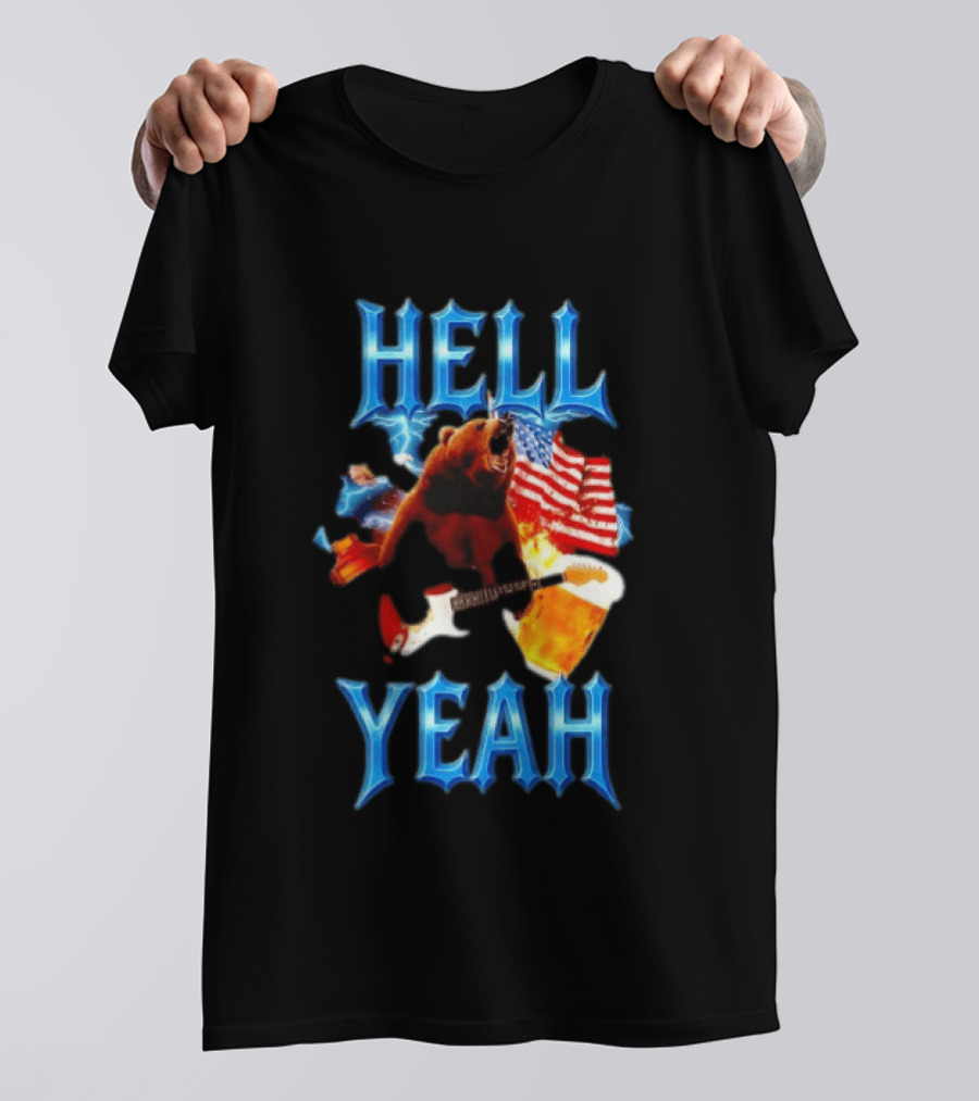 Hell Yeah Bear American Flag Guitar Beer Celebration T-Shirt