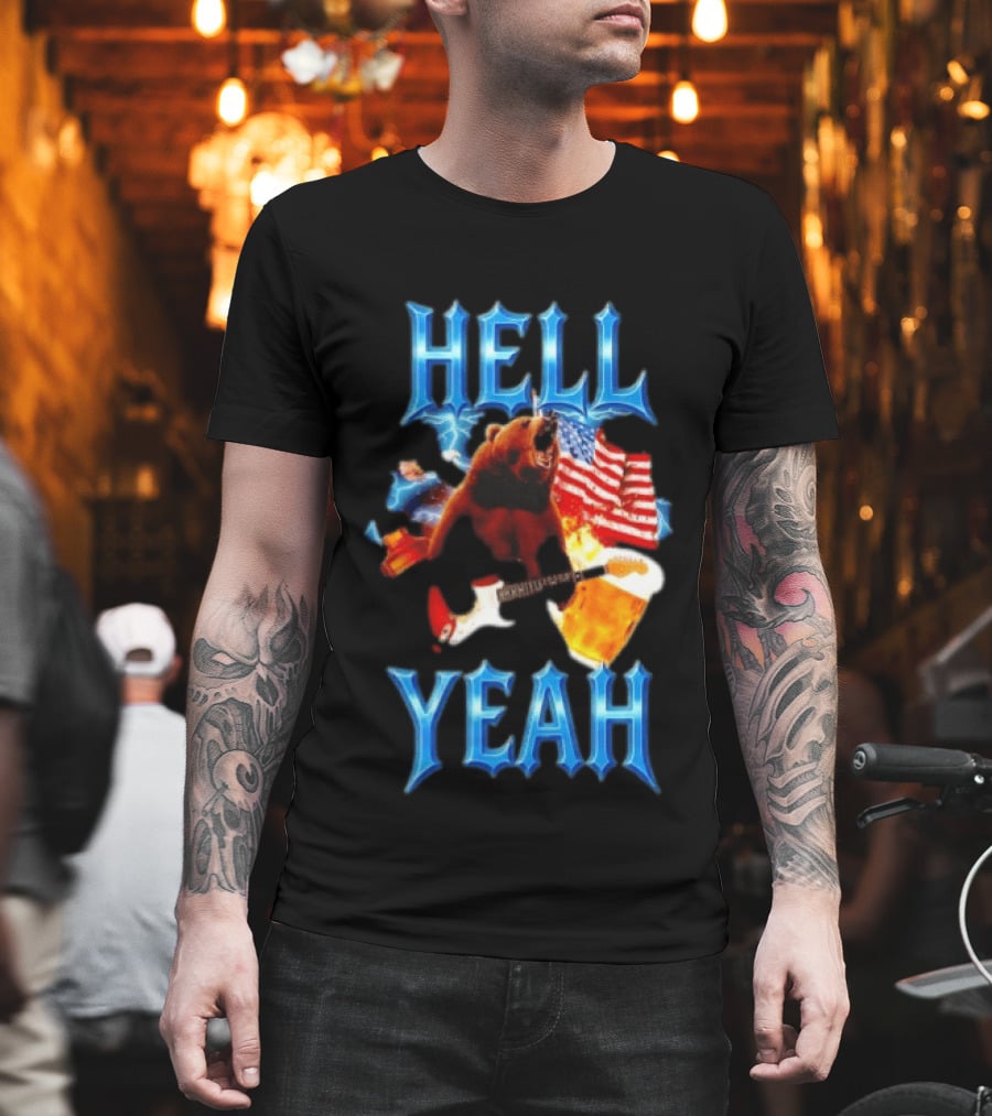 Hell Yeah Bear American Flag Guitar Beer Celebration T-Shirt