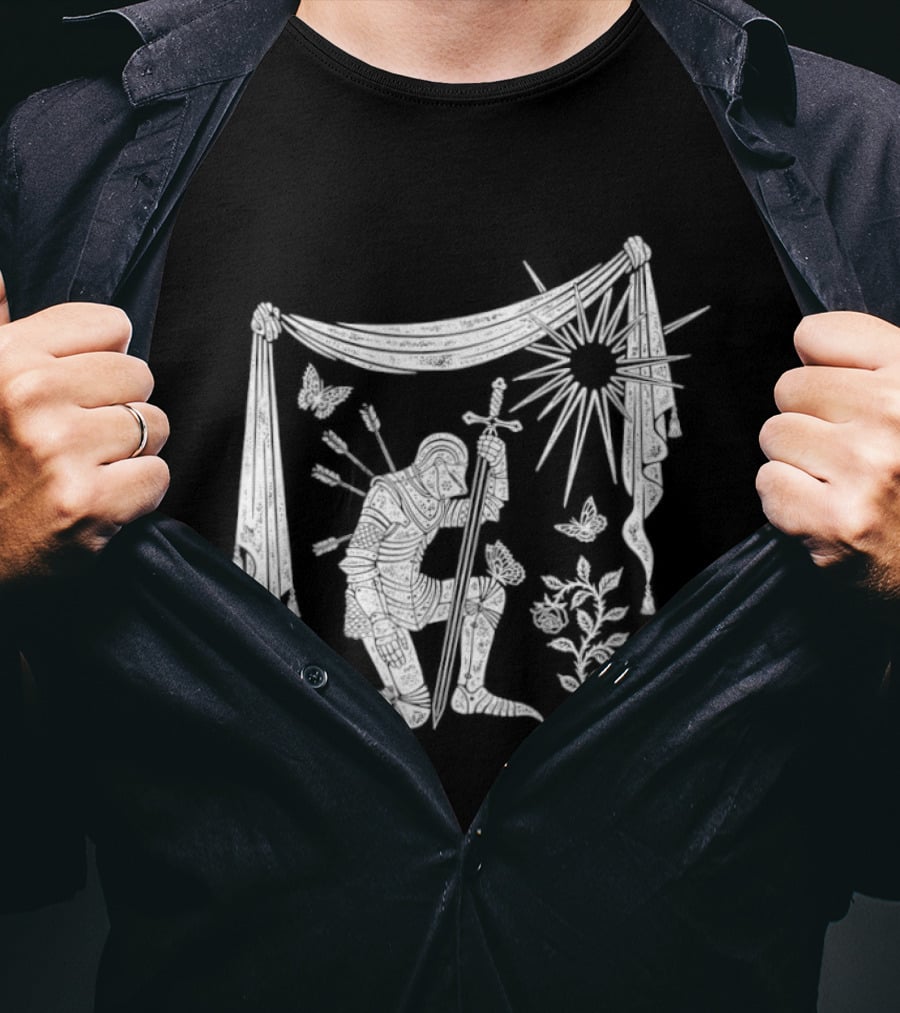Knight Kneeling With Sword And Arrows Medieval Warrior Sun And Nature Motif T-Shirt