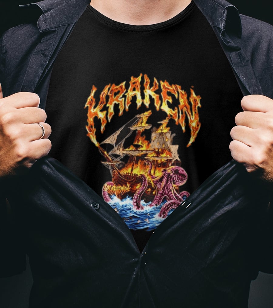 Kraken Nautical Myths Burning Ship Octopus Attack T-Shirt