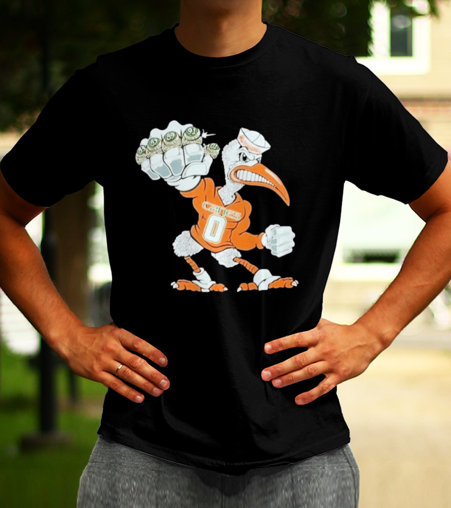 Miami Hurricanes Sebastian The Ibis 5 Rings Champs 1983 1987 1989 1991 2001 T-Shirt