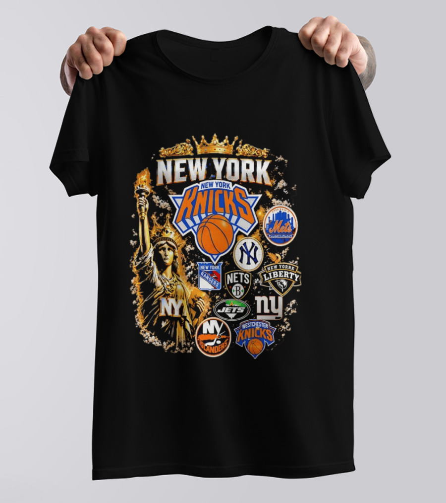New York Knicks Mets Yankees Rangers Nets Liberty Jets Giants Islanders Westchester Knicks Statue Of Liberty T-Shirt