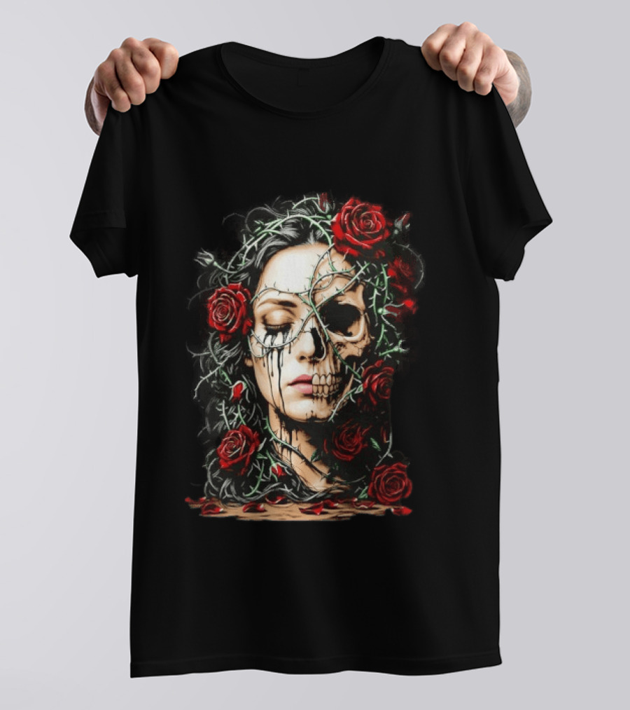 Eleventy Skull And Roses Gothic Heavy Metal Image With Thorns And Red Roses T-Shirt