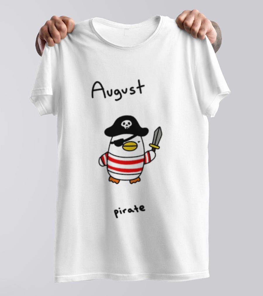 August Pirate Penguin Cartoon Striped Eyepatch Sword T-Shirt