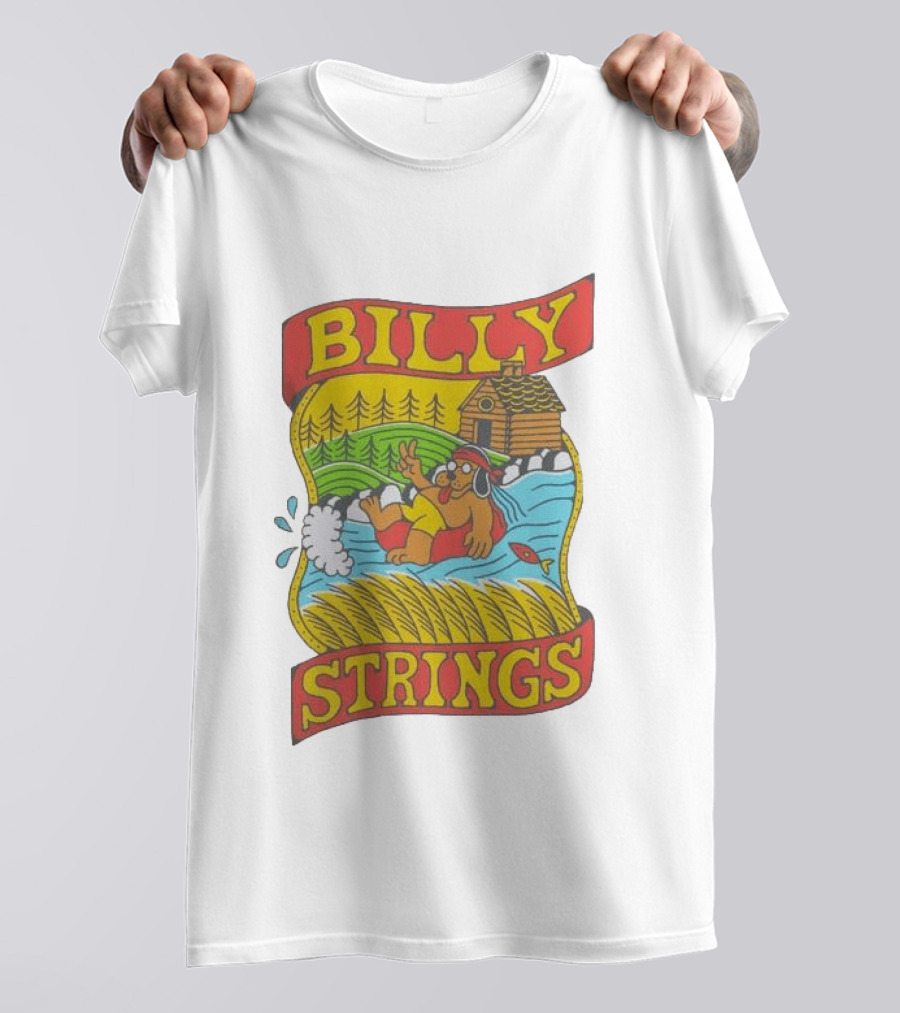 Billy Strings Tubing Bear Cabin Scene With Trees And Fish T-Shirt
