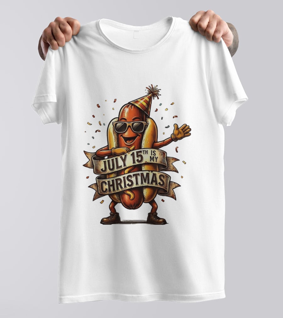 Hot Dog Wearing Sunglasses And Party Hat July 15th Is My Christmas T-Shirt