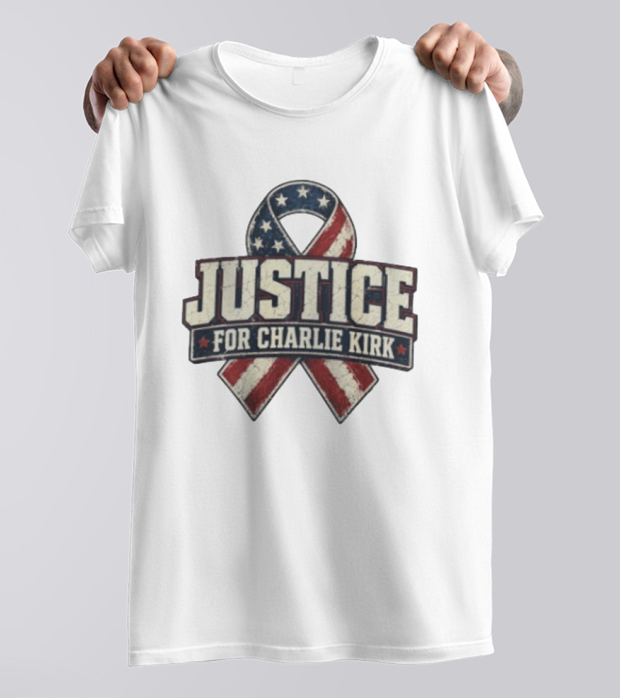 Justice For Charlie Kirk Distressed American Flag Ribbon T-Shirt