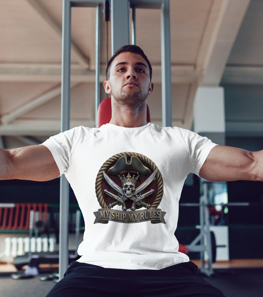 Pirate Skull Crown Crossed Swords Pistols My Ship My Rules T-Shirt