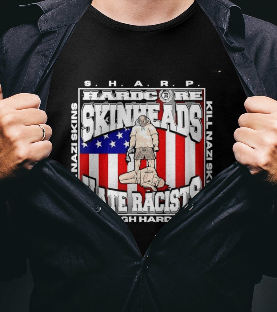 S.H.A.R.P. Kill Nazi Skins Hate Racists Mile High Hardcore American Flag T-Shirt