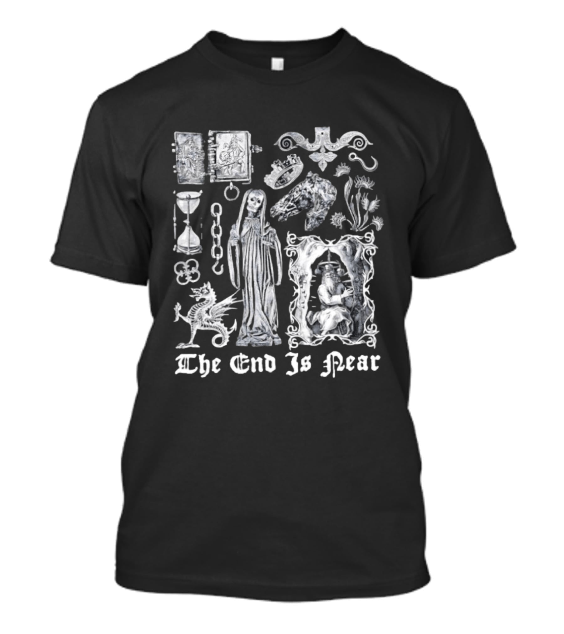 The End Is Near Gothic Occult Dark Medieval Symbols Skeleton Dragon Hourglass T-Shirt