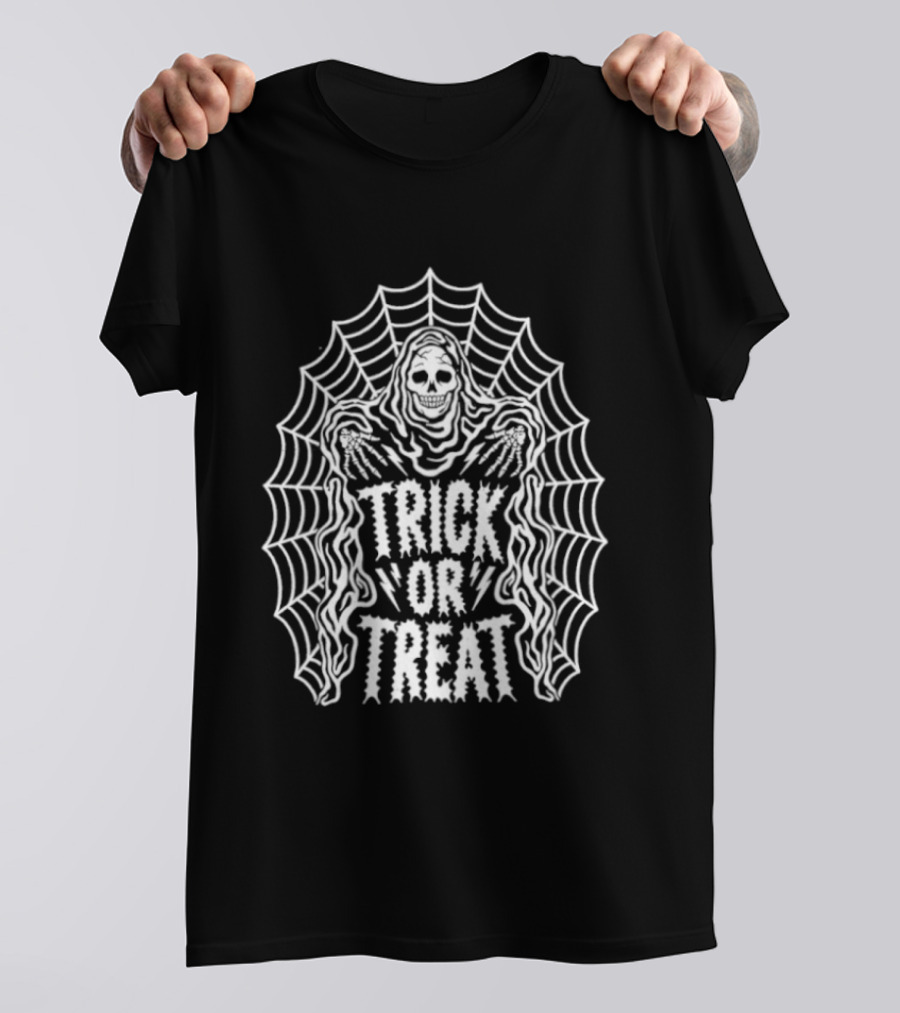 Trick Or Treat Skeleton Grim Reaper Spider Web Halloween T-Shirt