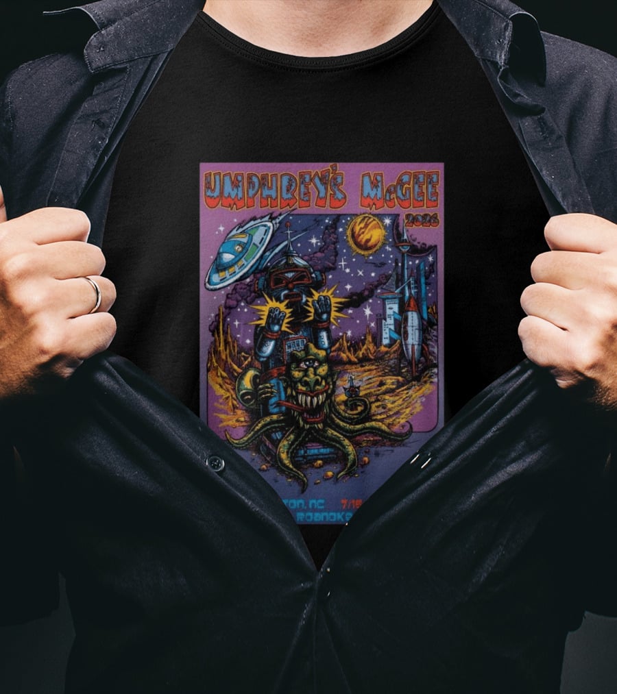 Umphrey's McGee 2026 Tour Dates With Sci Fi Art Featuring Space Monster And Robot In Roanoke VA T-Shirt