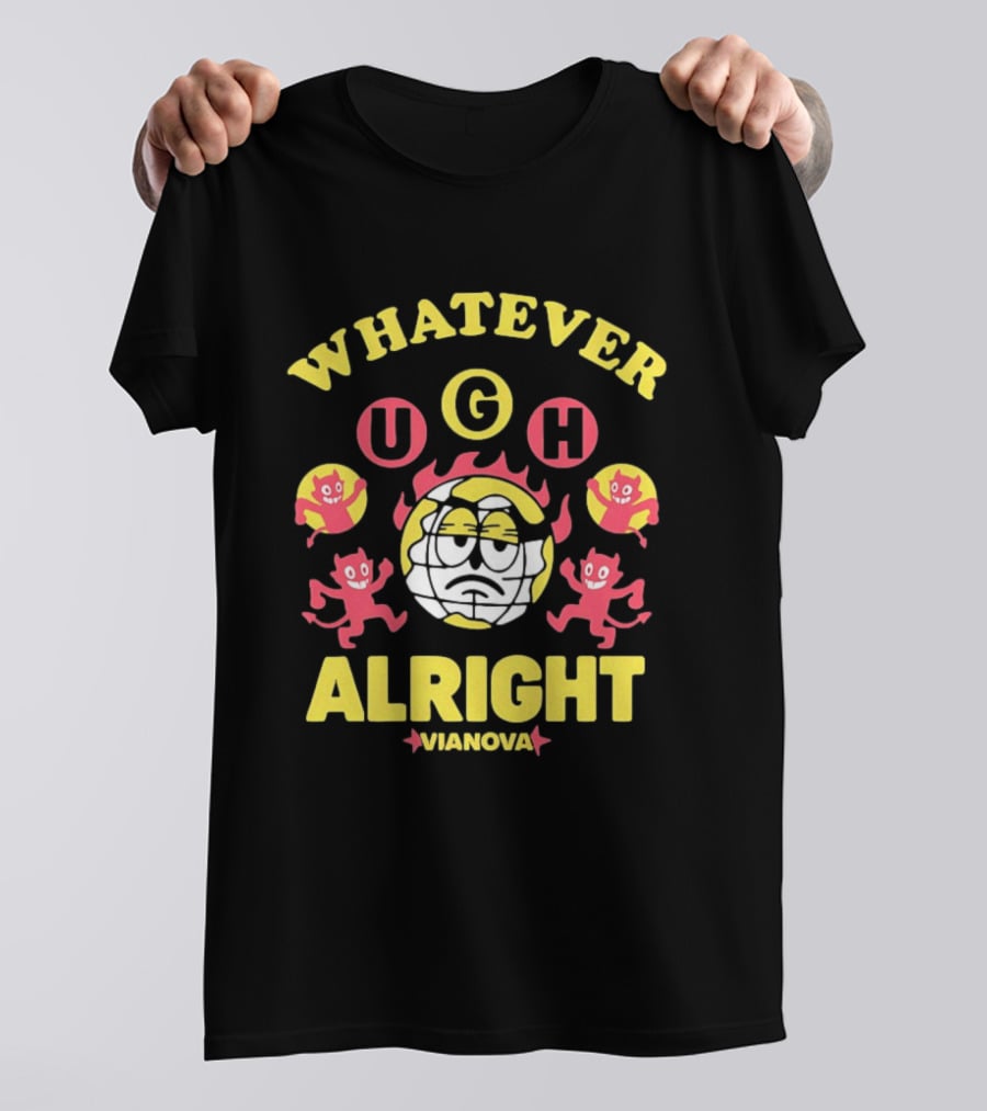 Vianova Whatever Ugh Alright Grumpy Globe Face Red Devils Cartoon T-Shirt
