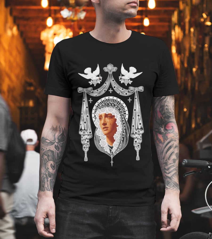 Weeping Virgin Mary Gothic Icon With Doves And Ornate Silver Details T-Shirt