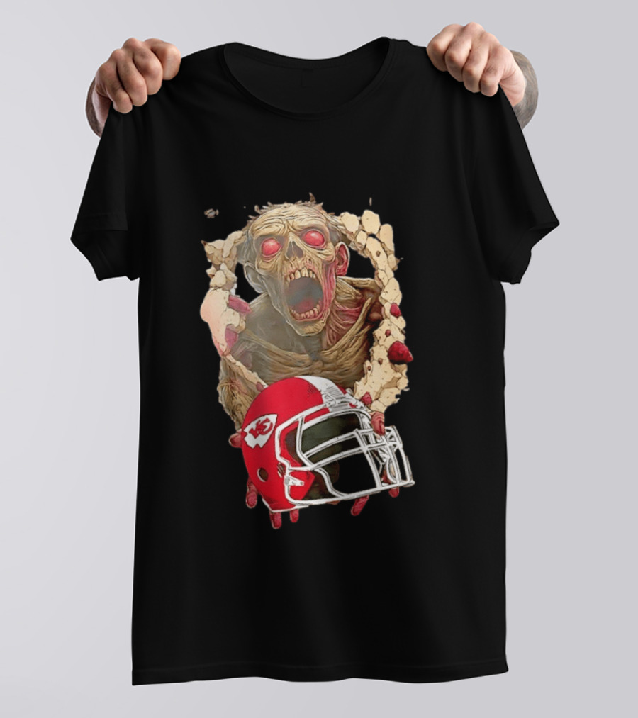 Zombie Kansas City Chiefs Helmet Halloween Scary Football Fan Spirit T-Shirt