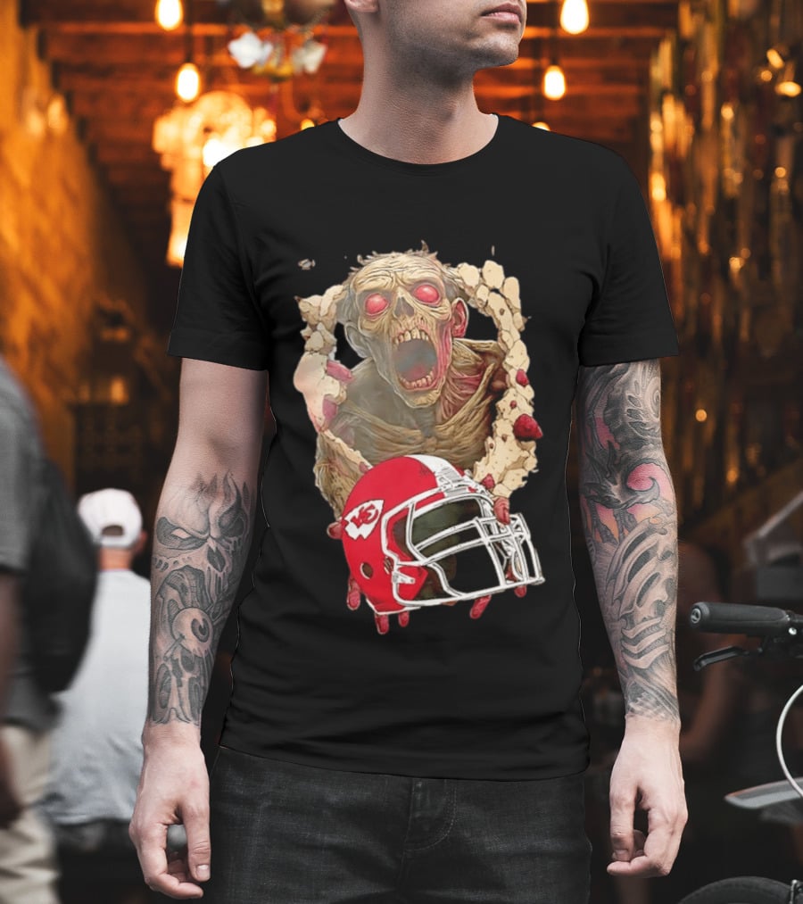 Zombie Kansas City Chiefs Helmet Halloween Scary Football Fan Spirit T-Shirt