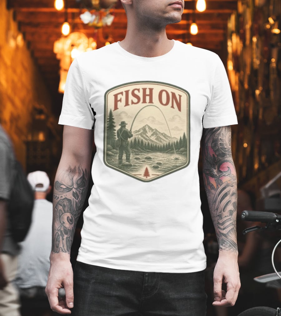 Fish On Fly Fishing Fisherman Mountain Landscape Adventure T-Shirt