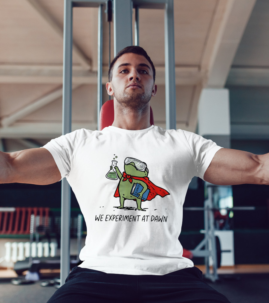 Heroic Science Frog We Experiment At Dawn With Lab Beaker And Book T-Shirt