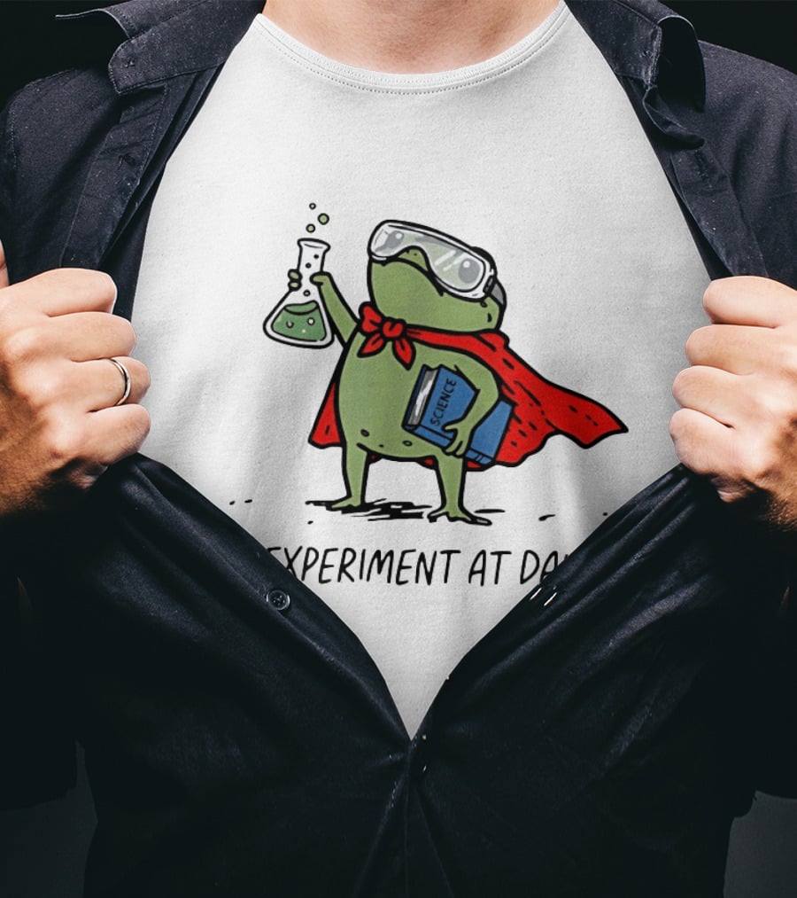 Heroic Science Frog We Experiment At Dawn With Lab Beaker And Book T-Shirt