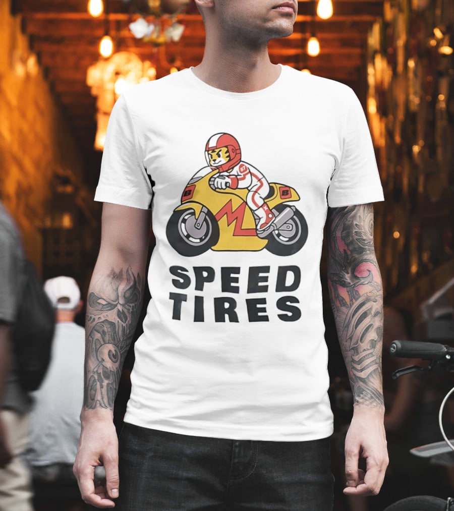 Speed Tires Tiger Motorcycle Racing Biker Rider On Yellow Bike T-Shirt