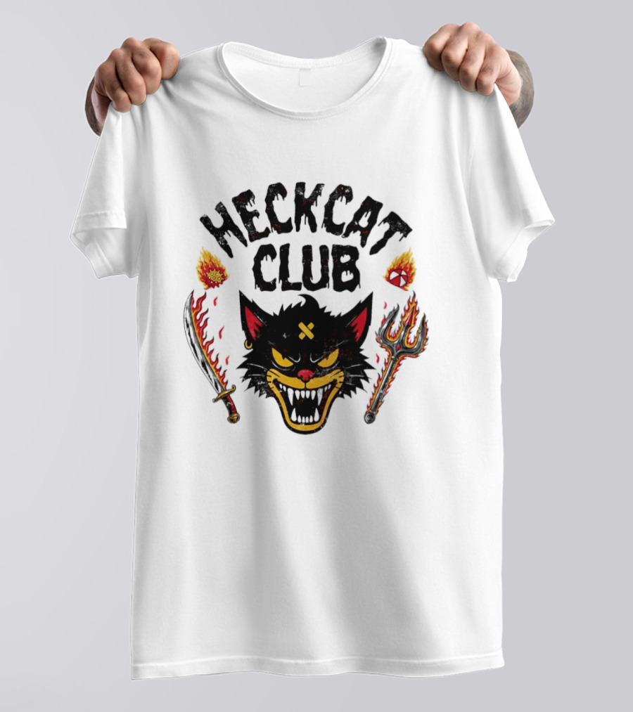 Heckcat Club Black Cat Sword Trident Flames T-Shirt