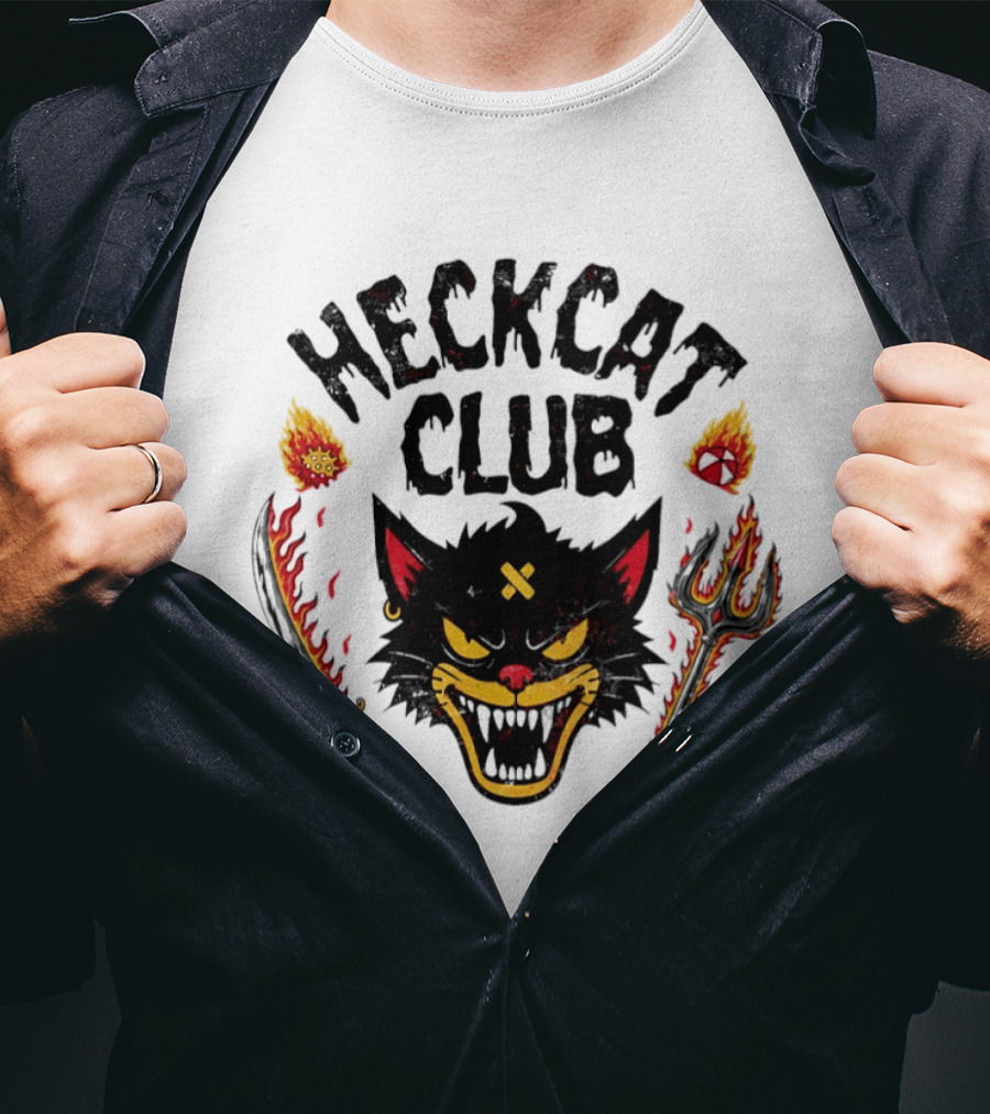 Heckcat Club Black Cat Sword Trident Flames T-Shirt