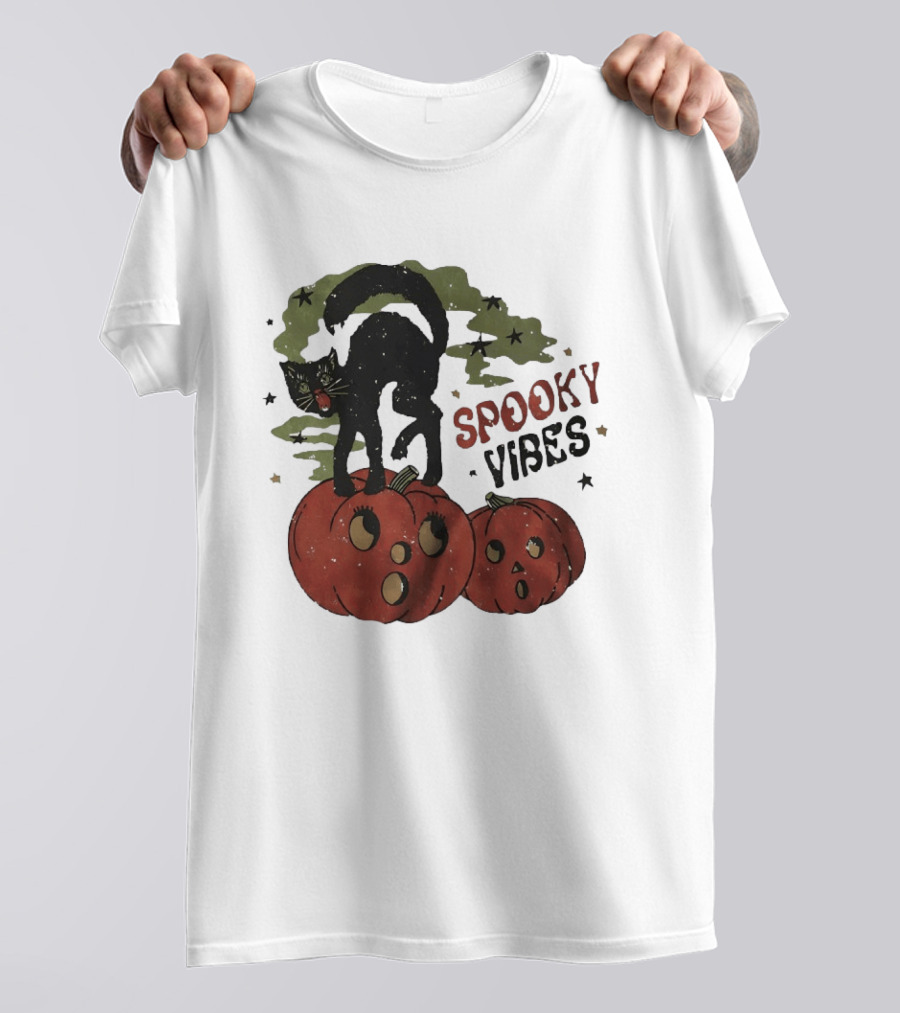 Spooky Vibes Black Cat Pumpkins Halloween Cartoon Stars T-Shirt