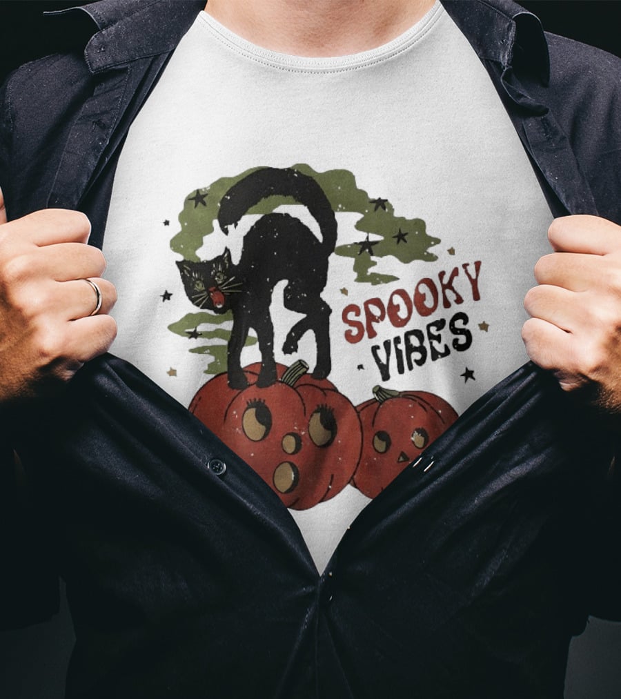 Spooky Vibes Black Cat Pumpkins Halloween Cartoon Stars T-Shirt