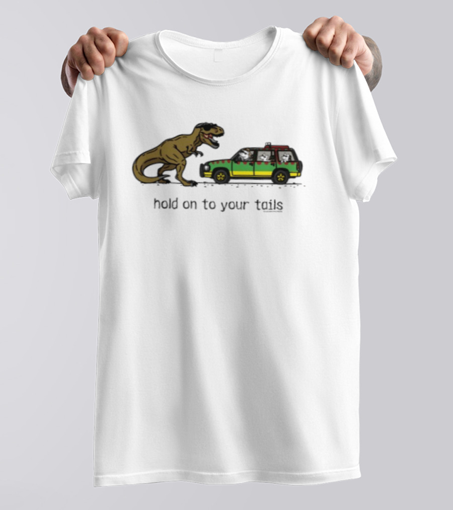 Hold On To Your Tails Dinosaur Chasing Jeep With Dogs T-Shirt