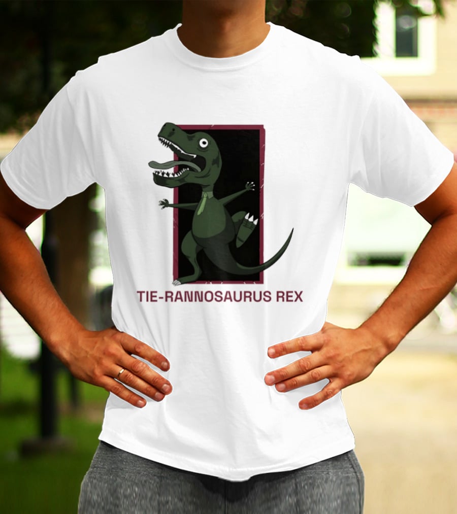 TIE RANNOSAURUS REX Dinosaur Humor Pun With Green Tie T-Shirt