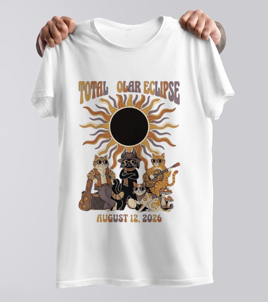 Total Solar Eclipse August 12 2026 Cats Band With Instruments And Sunglasses T-Shirt