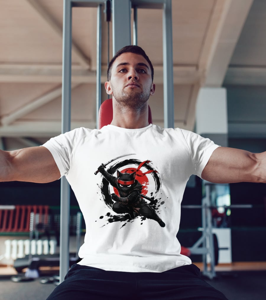Ninja Cat Katana Warrior Red Rising Sun T-Shirt