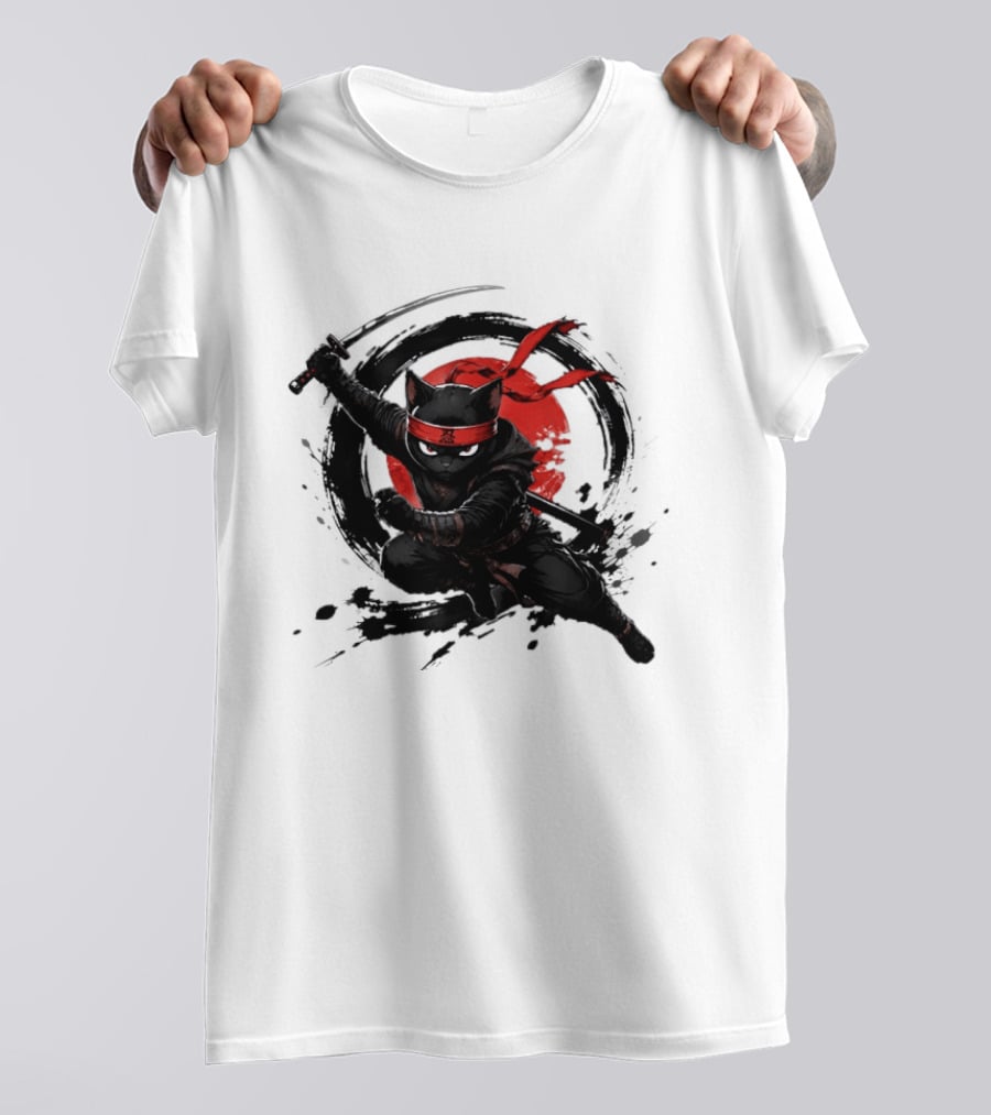 Ninja Cat Katana Warrior Red Rising Sun T-Shirt