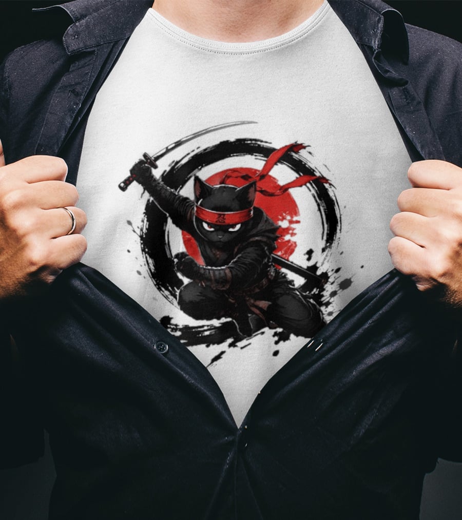 Ninja Cat Katana Warrior Red Rising Sun T-Shirt