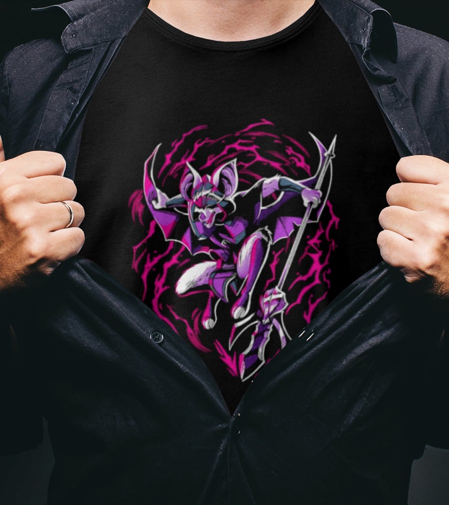 Thorne Bat Warrior With Spear Fantasy Purple Pink Swirl T-Shirt