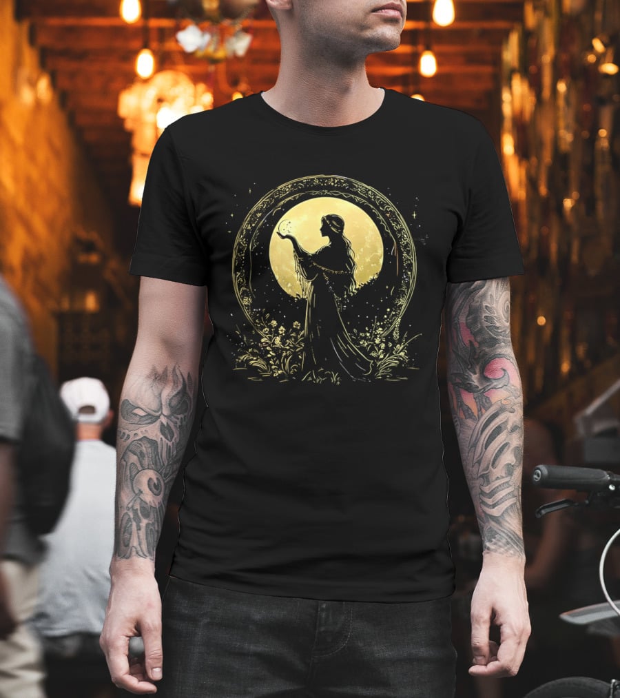 Woman Holding Moon Crescent Celestial Golden Lunar T-Shirt