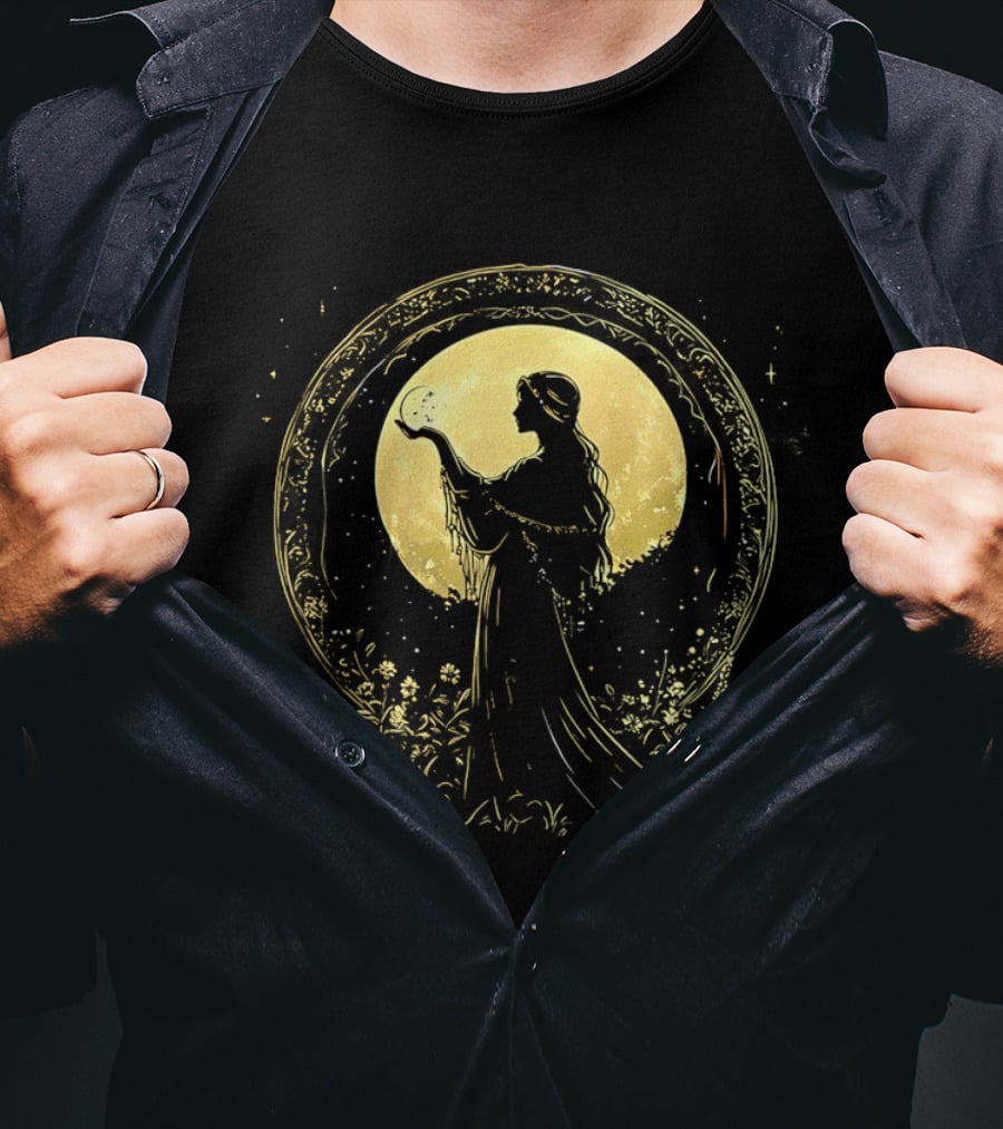 Woman Holding Moon Crescent Celestial Golden Lunar T-Shirt