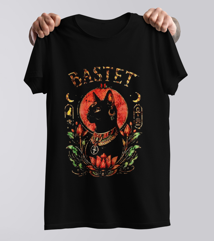 Bastet Cat Goddess Egyptian Symbolism With Ankh And Lotus T-Shirt