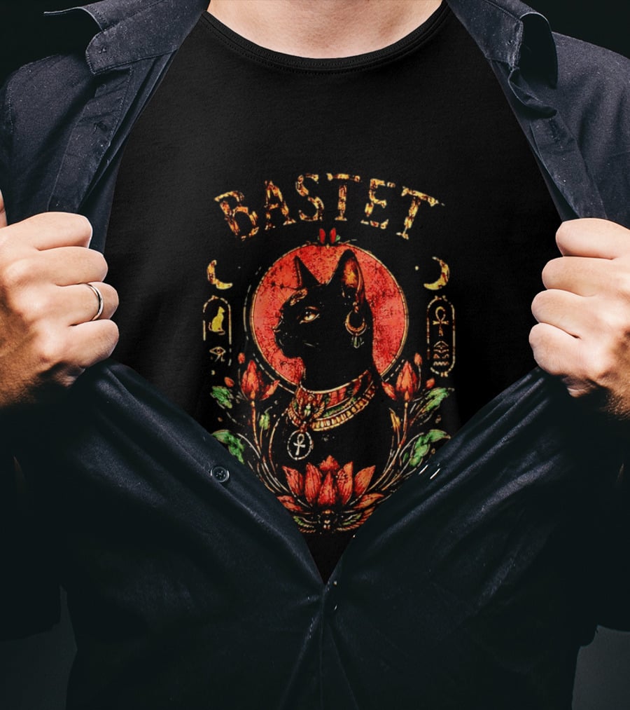 Bastet Cat Goddess Egyptian Symbolism With Ankh And Lotus T-Shirt