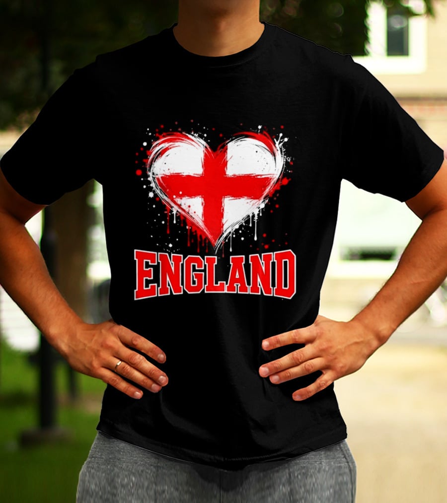 England Heart Flag Paint Splatter Red And White Cross T-Shirt
