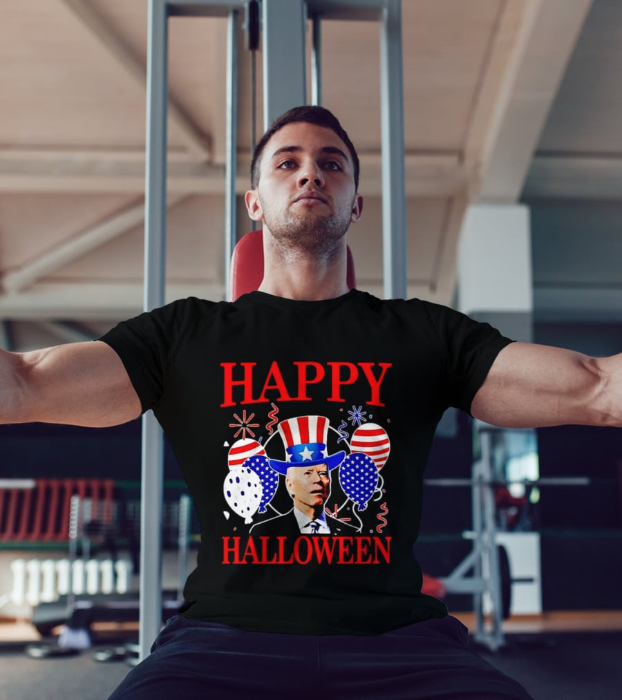 Happy Halloween Biden Uncle Sam Hat American Flag Balloons T-Shirt
