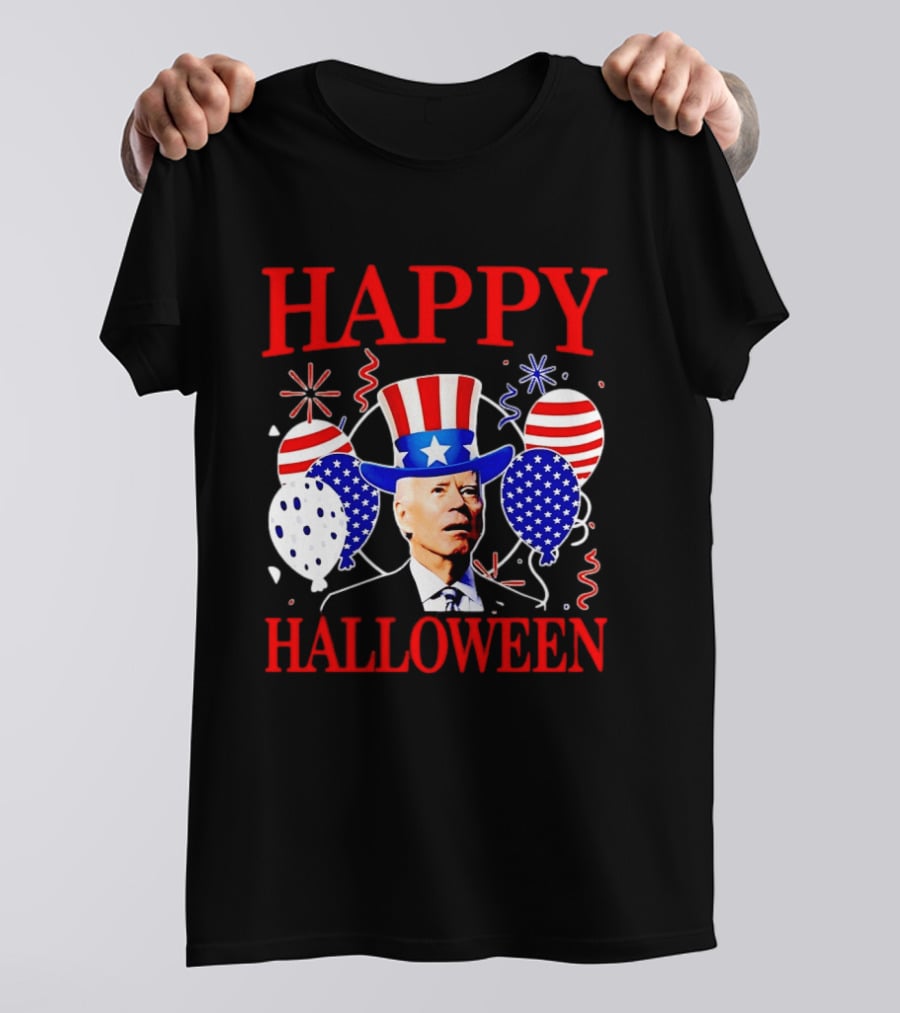 Happy Halloween Biden Uncle Sam Hat American Flag Balloons T-Shirt