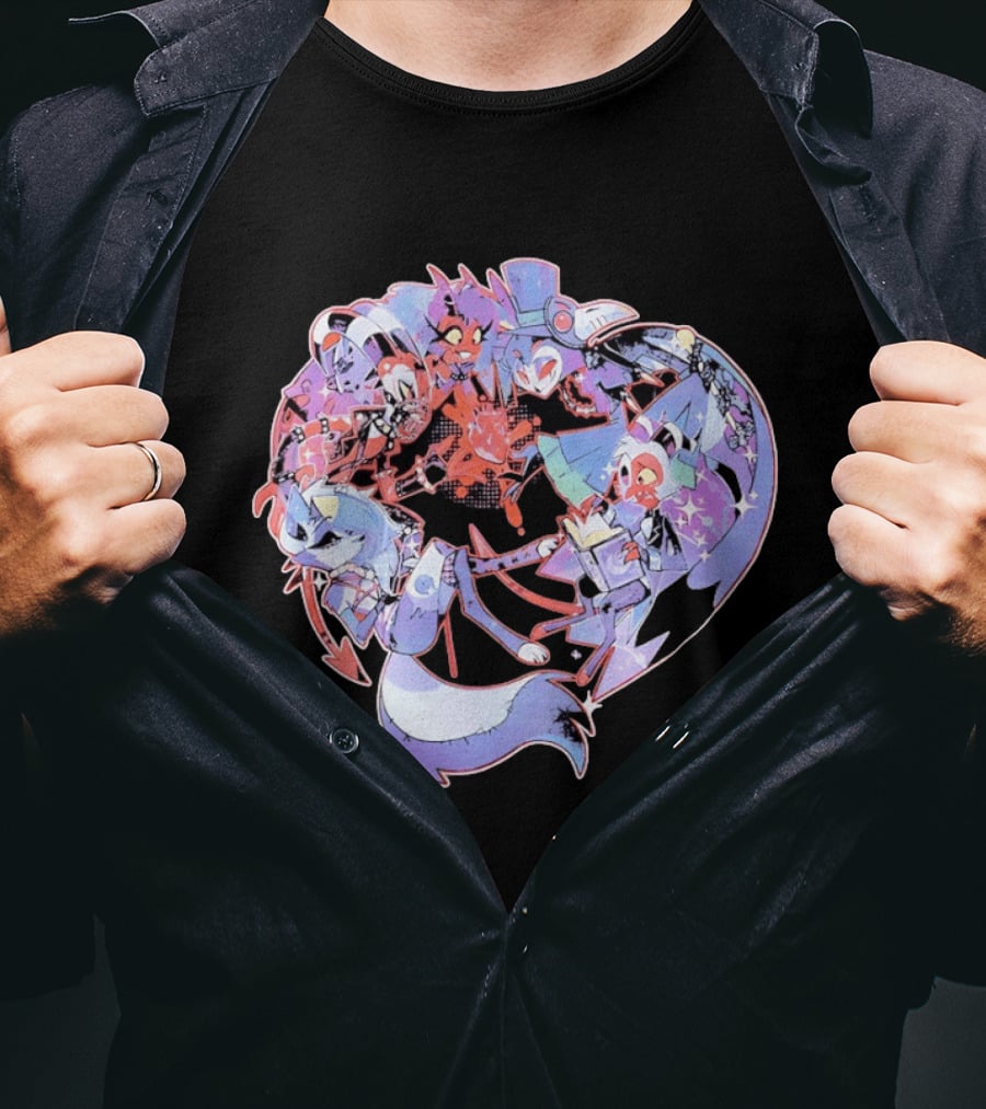 Helluva Boss Blitzø Moxxie Heart Character Collage T-Shirt