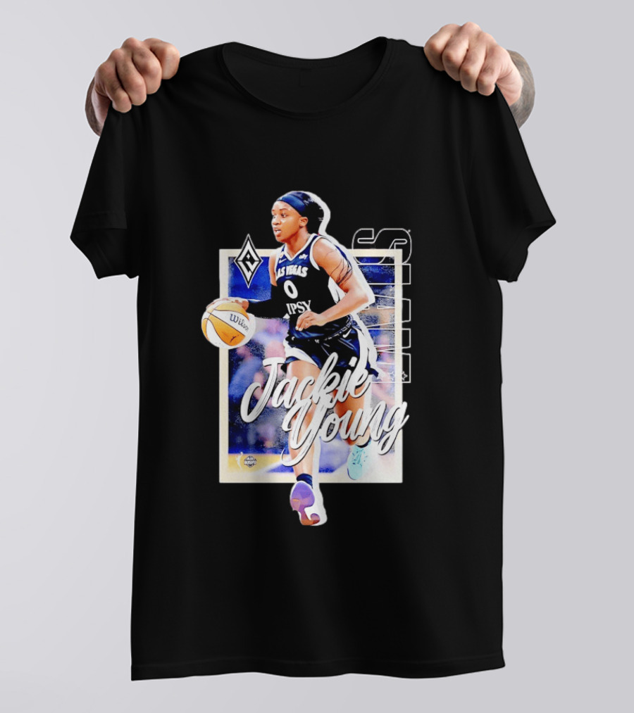 Jackie Young Las Vegas Aces Number 0 Dribbling Action With Wilson Basketball And Lids Headband T-Shirt