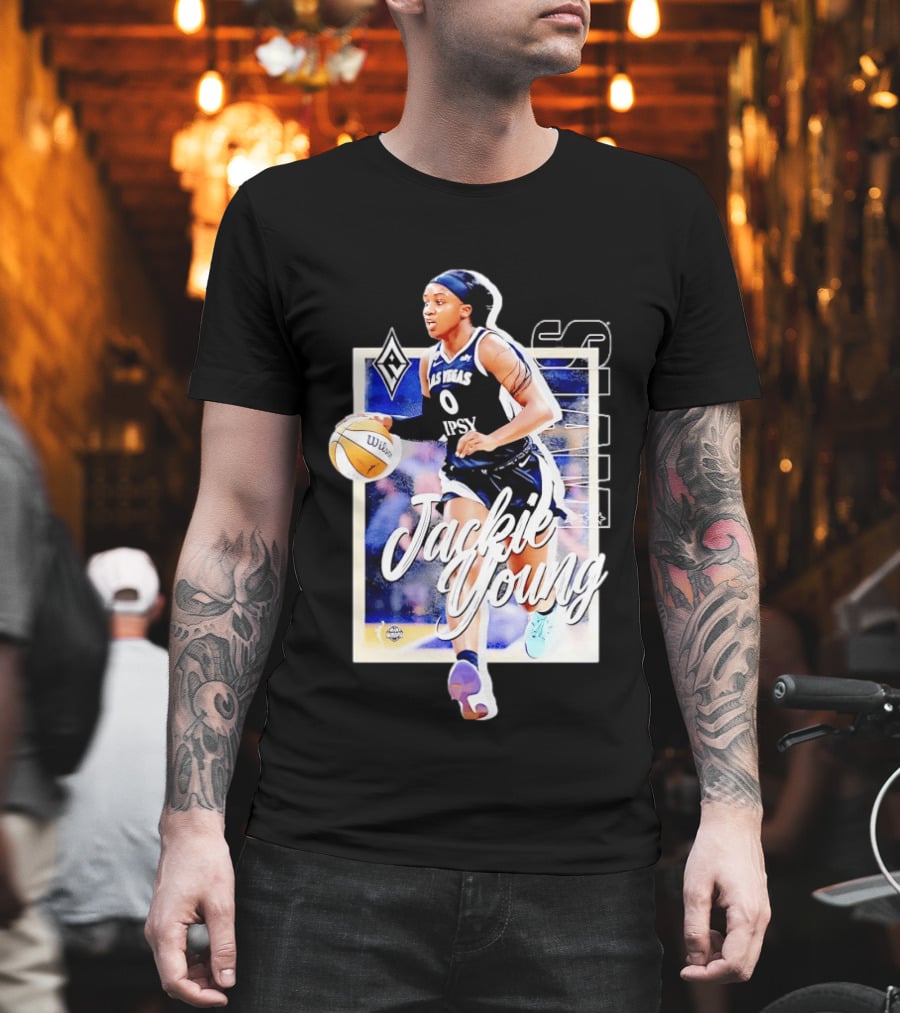 Jackie Young Las Vegas Aces Number 0 Dribbling Action With Wilson Basketball And Lids Headband T-Shirt