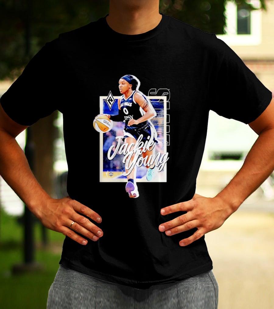 Jackie Young Las Vegas Aces Number 0 Dribbling Action With Wilson Basketball And Lids Headband T-Shirt