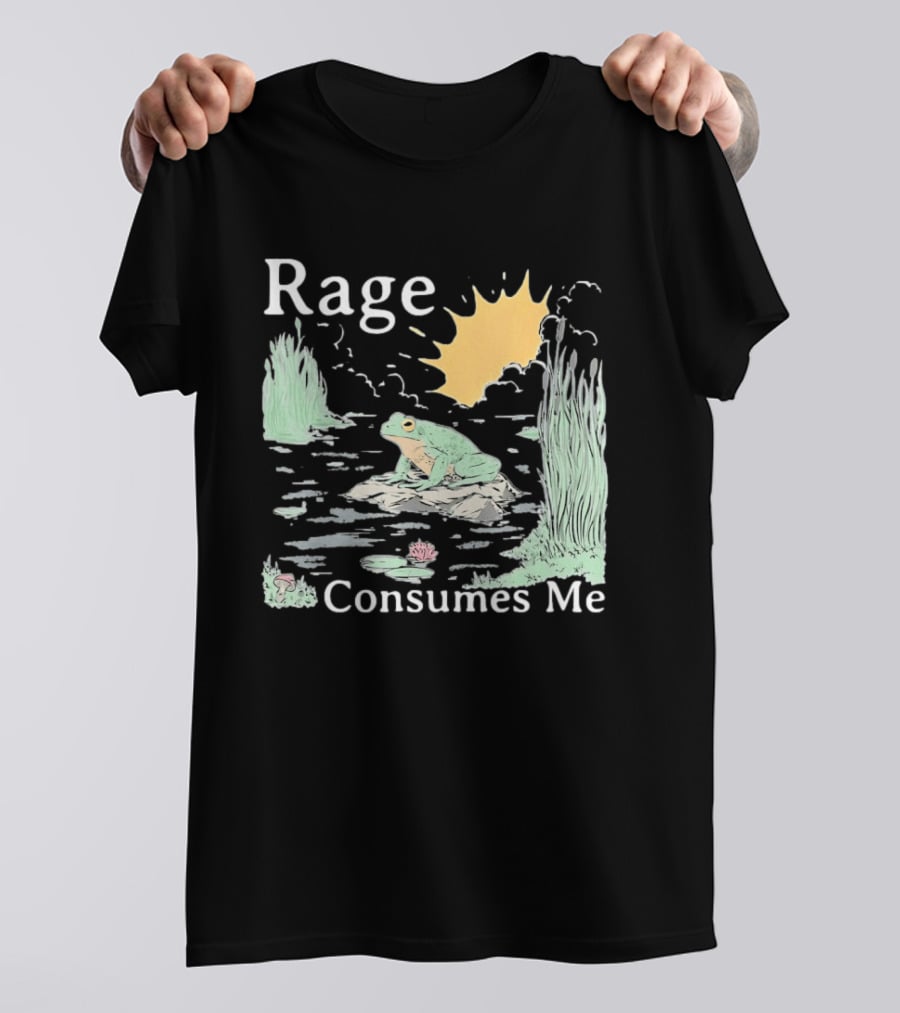 Rage Consumes Me Frog On Rock With Sunburst And Pond Scene T-Shirt