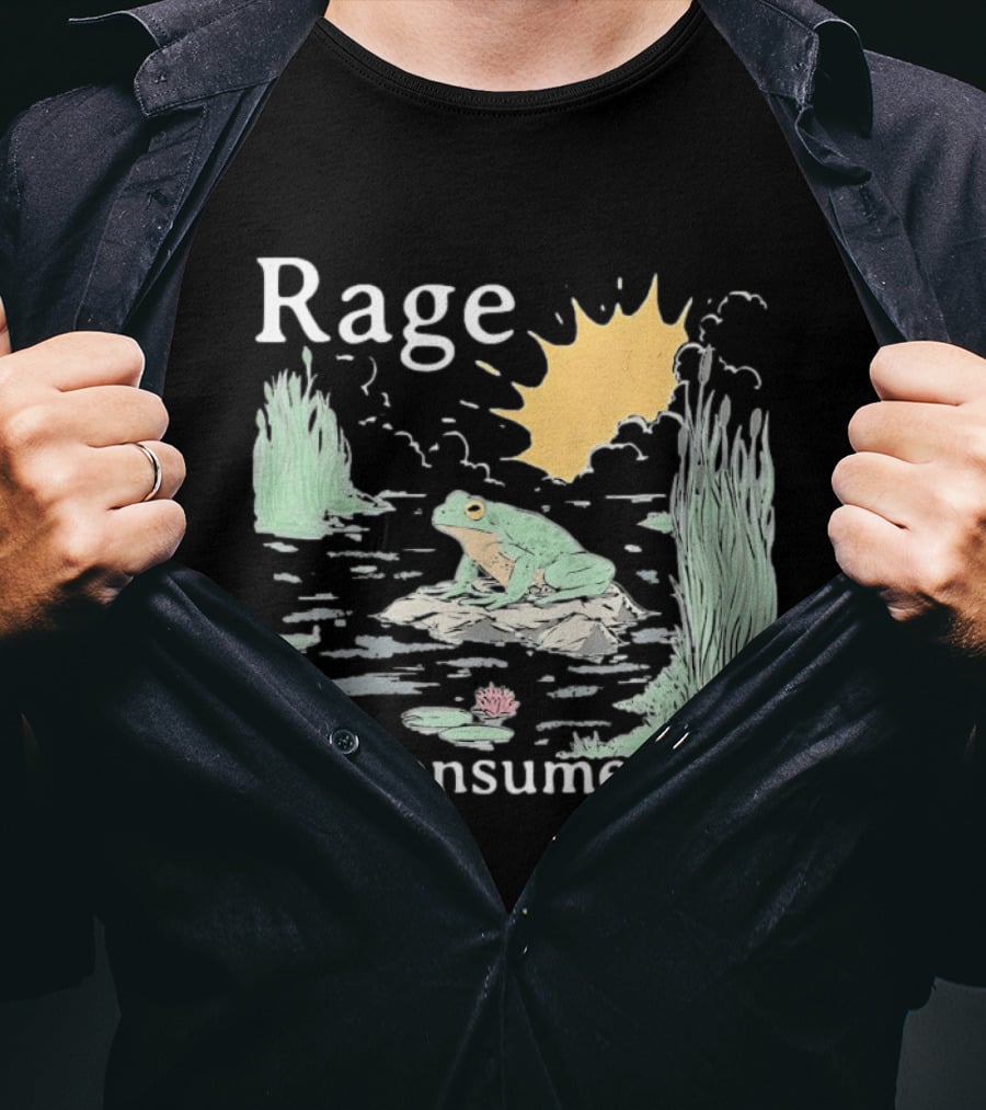 Rage Consumes Me Frog On Rock With Sunburst And Pond Scene T-Shirt