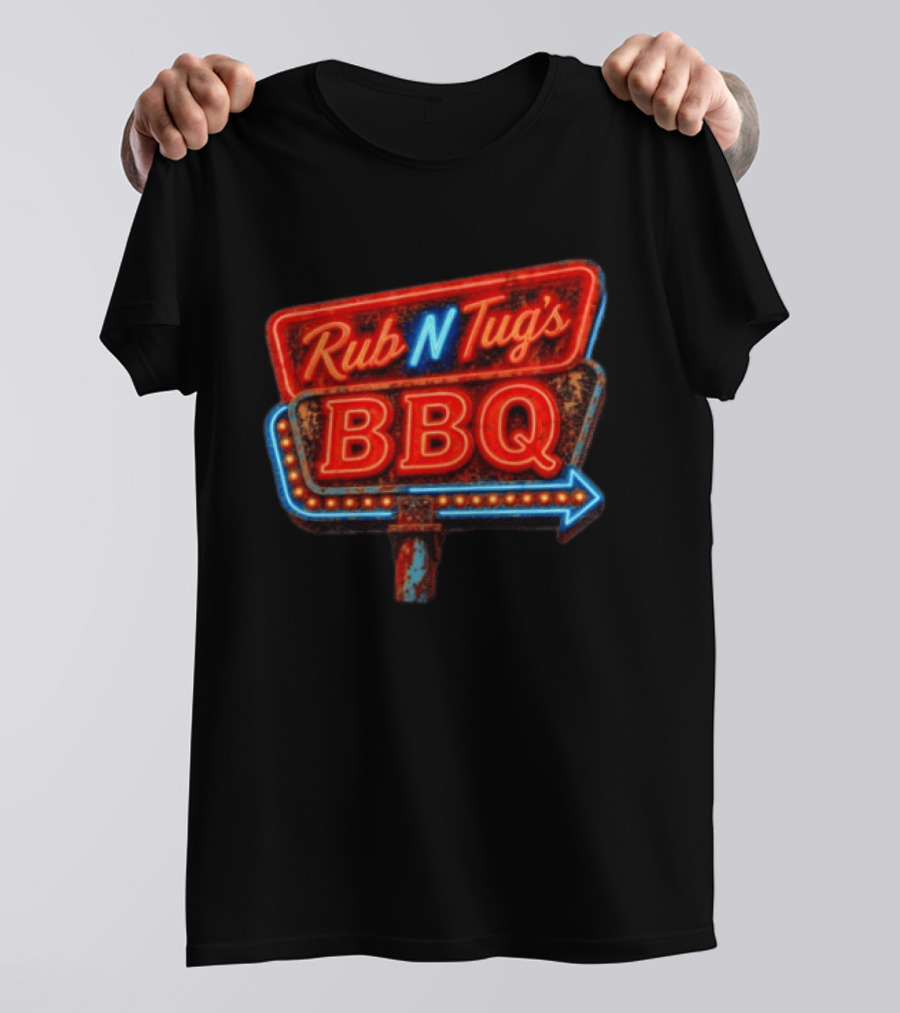 Rub N Tug's BBQ Neon Sign Barbecue Arrow T-Shirt
